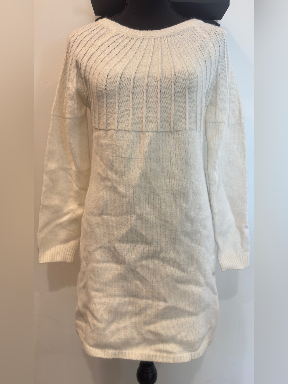 Blue Rain Cream Ribbed Yoke Knit Dress - Long Sleeve